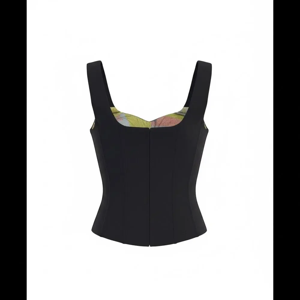 Black & Gold Satin-Front Crop Tank Top